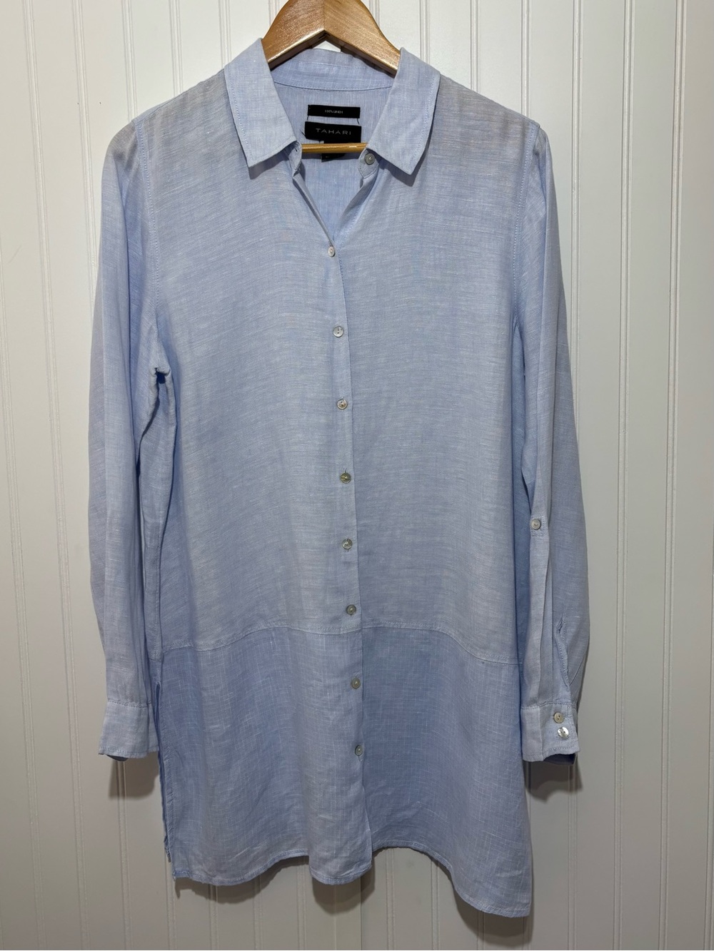 Tahari 100% Linen Tunic Button Front Shirt Light Blue Coastal Size L Nautical